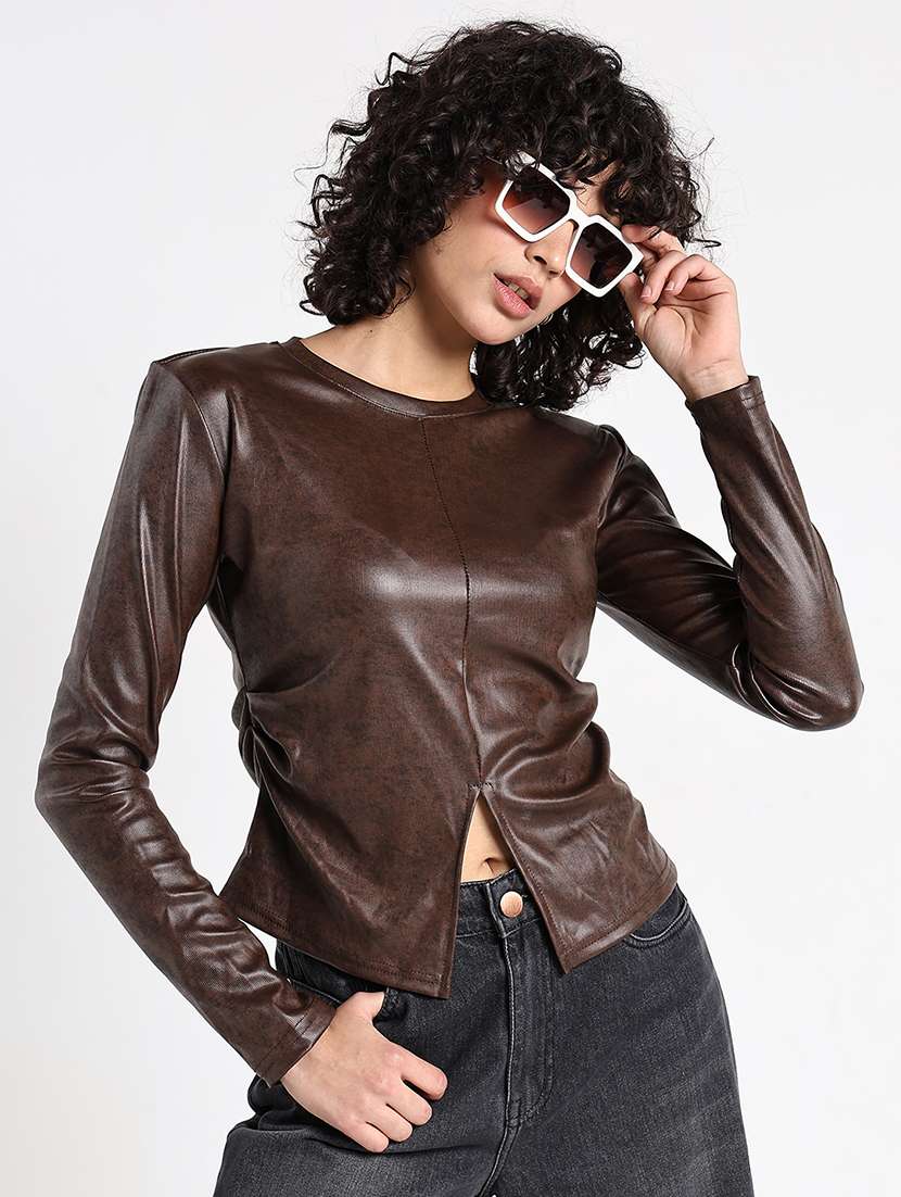women brown long sleeve faux leather regular top - 22173746 -  Standard Image - 1