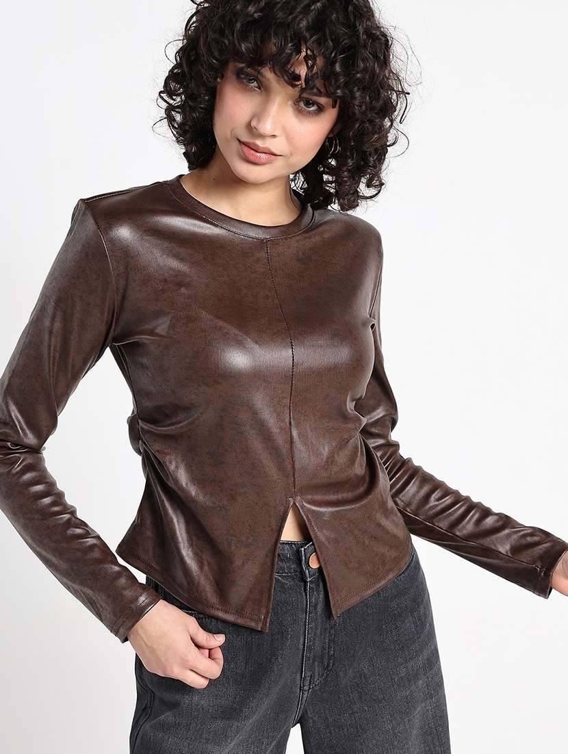 women brown long sleeve faux leather regular top - 22173746 -  Standard Image - 4
