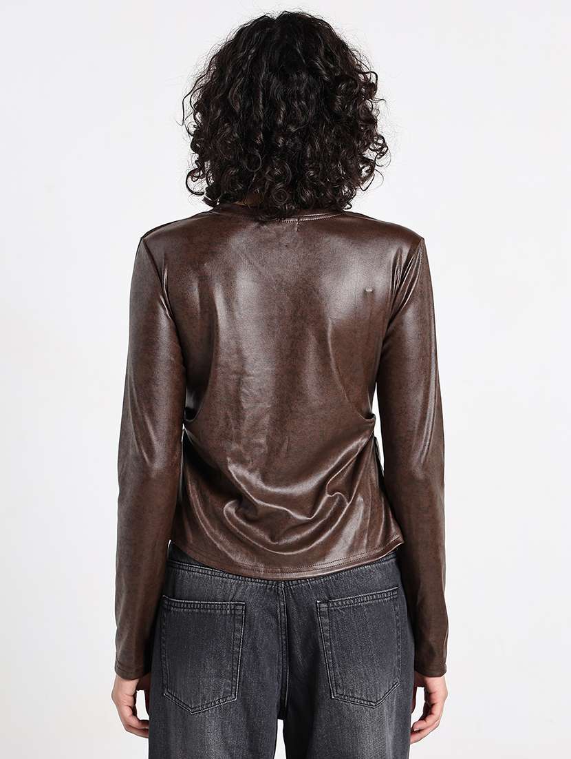 women brown long sleeve faux leather regular top - 22173746 -  Standard Image - 6