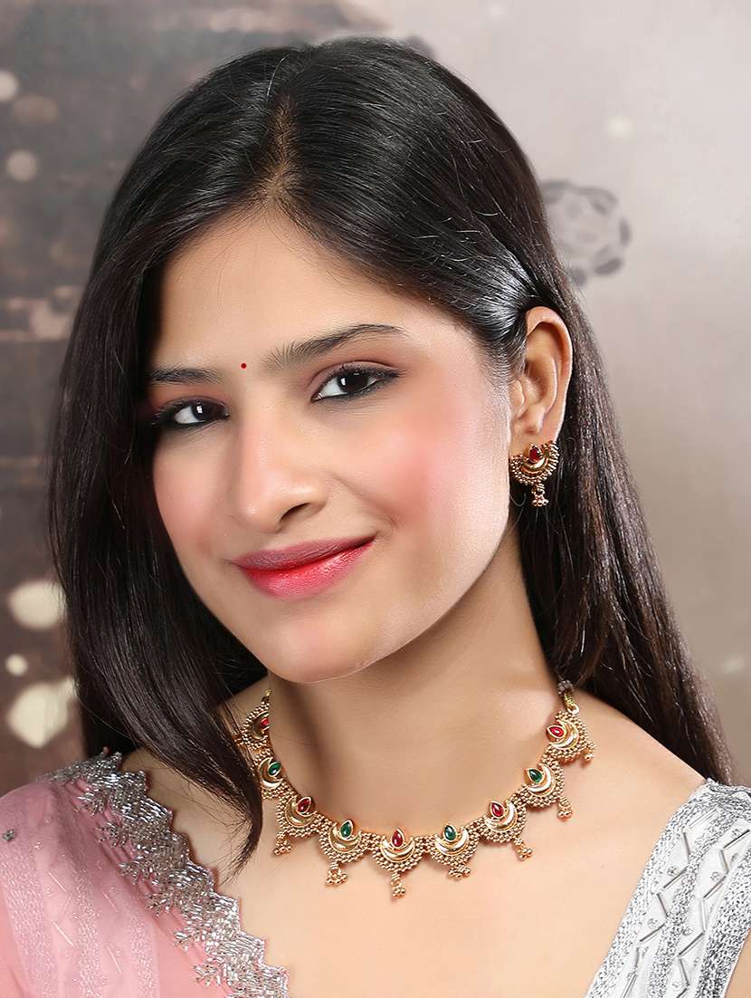 gold finish redgreen half moon shape necklace set - 22173755 -  Standard Image - 1