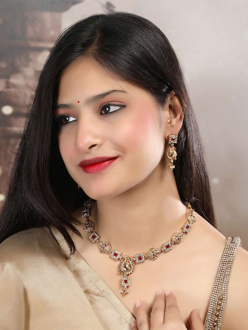 antique red lakshmi peacock necklace set - 22173758 -  Standard Image - 1