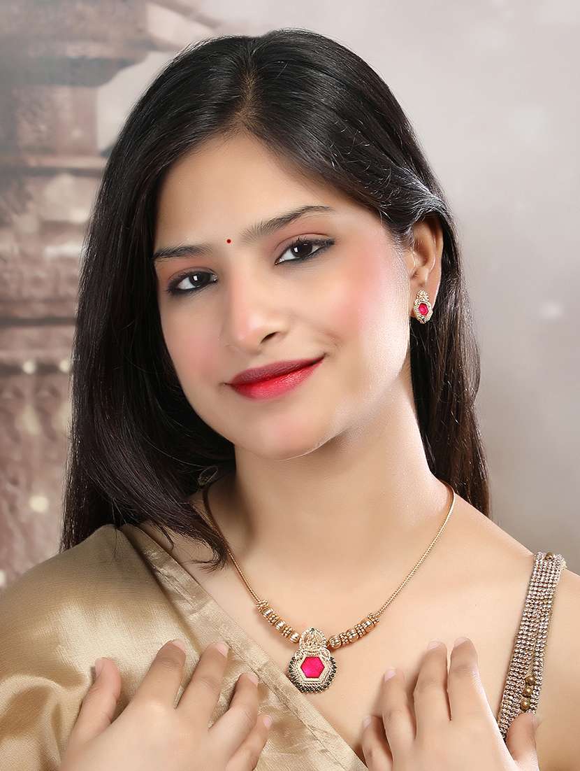 gold plated red meenakari and beads necklace set - 22173761 -  Standard Image - 1