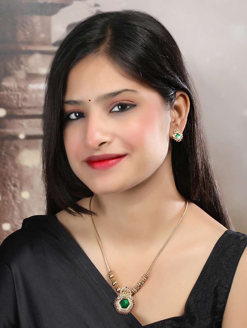 gold plated green meenakari and beads necklace set - 22173762 -  Standard Image - 1