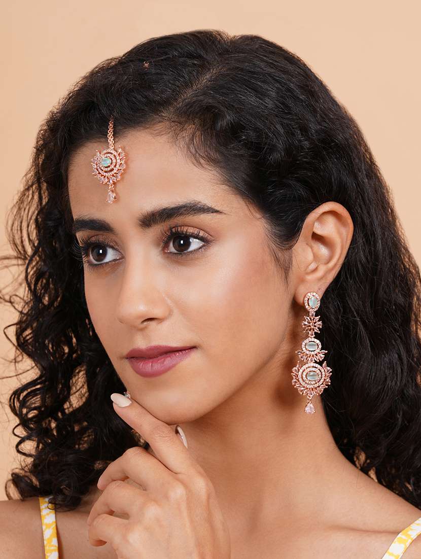 ravishing rose gold plated cz studded long drop earrings-mangtika set - 22173786 -  Standard Image - 1