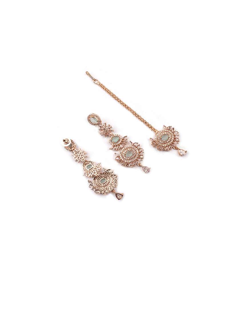 ravishing rose gold plated cz studded long drop earrings-mangtika set - 22173786 -  Standard Image - 4