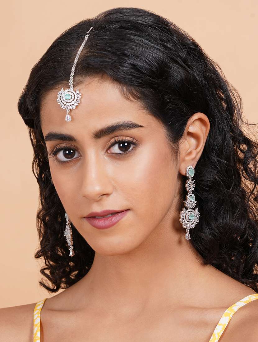 stunning silver plated cz studded long drop earrings-maangtika set - 22173787 -  Standard Image - 1