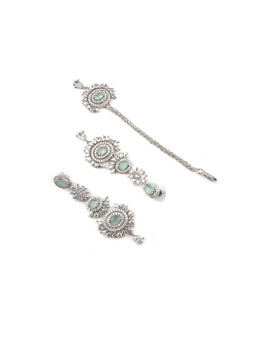 stunning silver plated cz studded long drop earrings-maangtika set - 22173787 -  Standard Image - 4