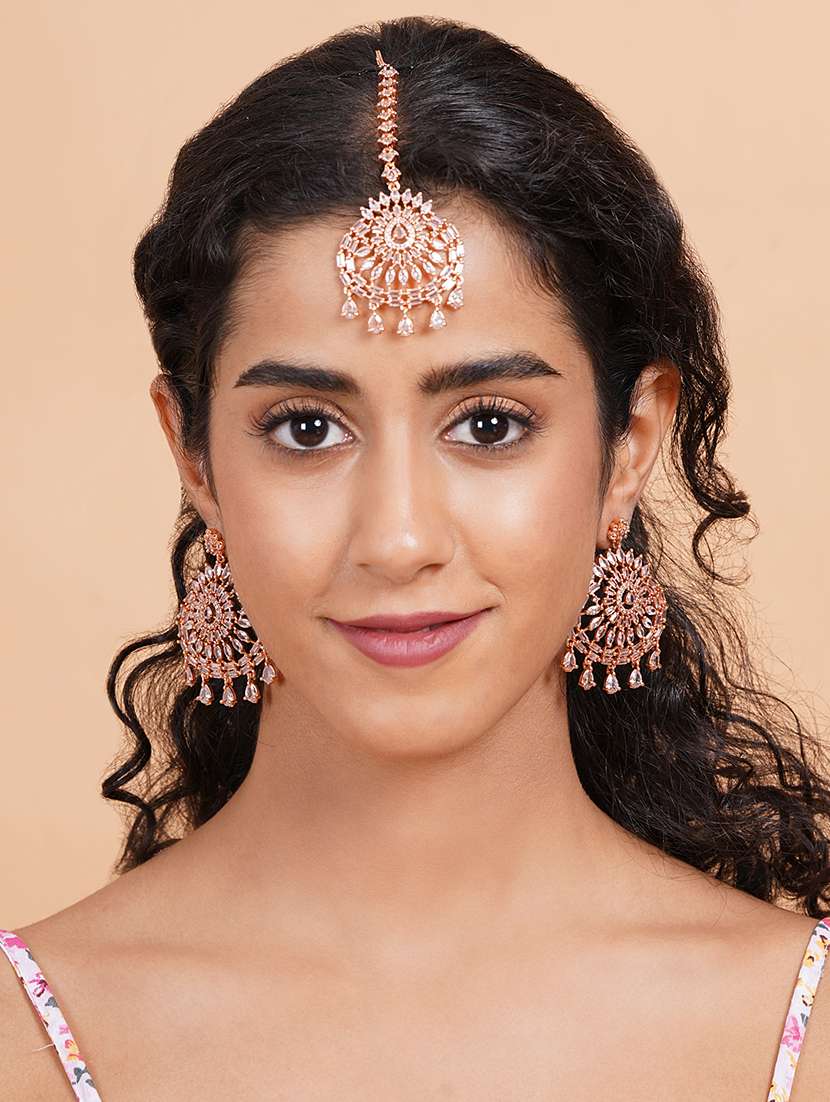 cz studded rose gold drop style earrings and maangtika set - 22173790 -  Standard Image - 1