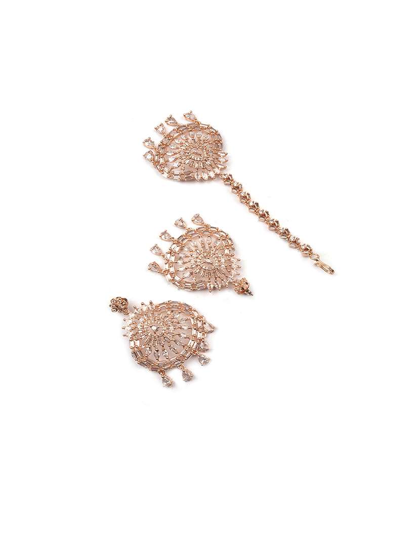 cz studded rose gold drop style earrings and maangtika set - 22173790 -  Standard Image - 4