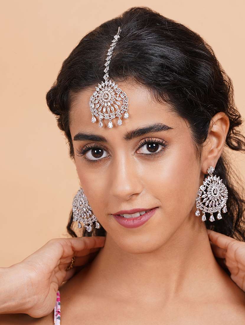 cz studded silver drop style earrings and maangtika set - 22173791 -  Standard Image - 1