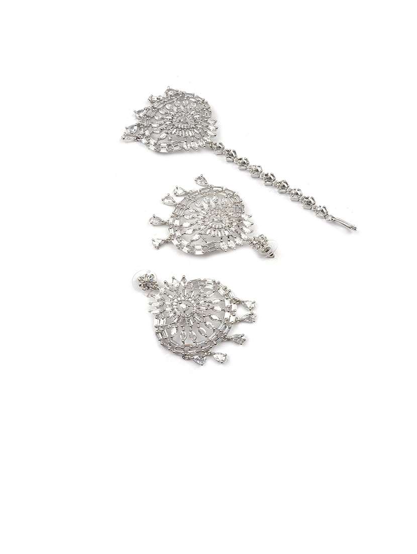 cz studded silver drop style earrings and maangtika set - 22173791 -  Standard Image - 4