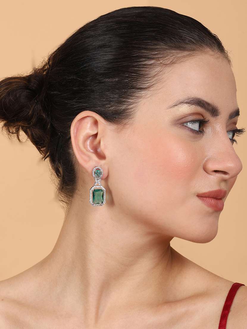 green crystal brass party wear drop earrings - 22173802 -  Standard Image - 1