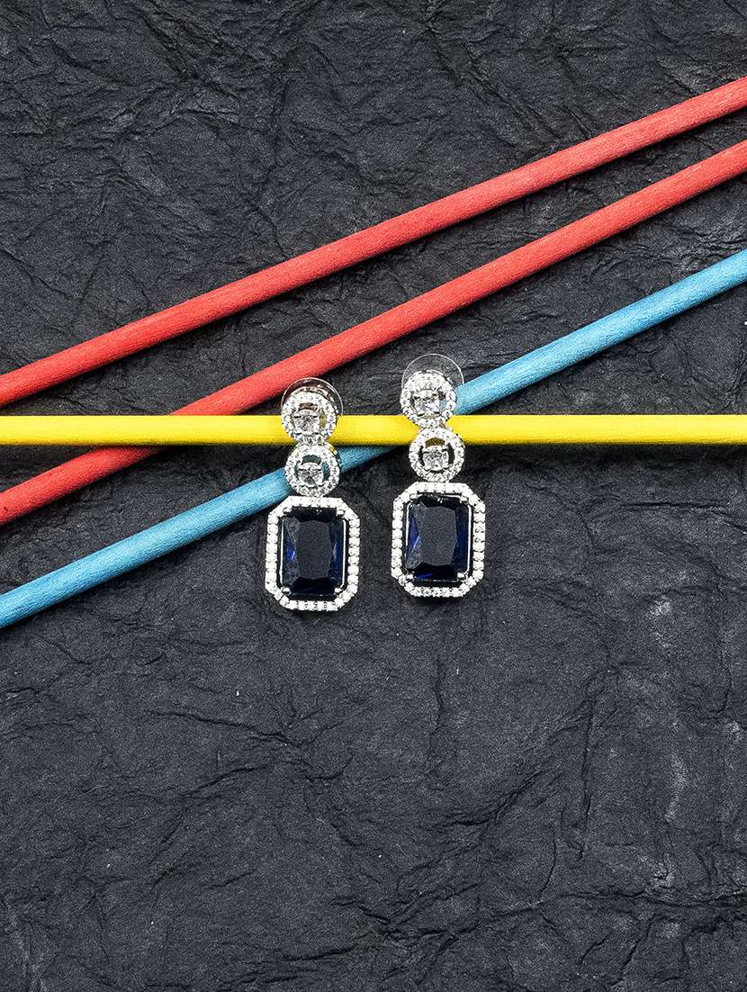silver plated minimalist blue cz drop earrings