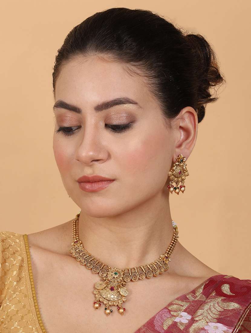 gold plated rajwadi mayuraksh necklace set - 22173838 -  Standard Image - 1