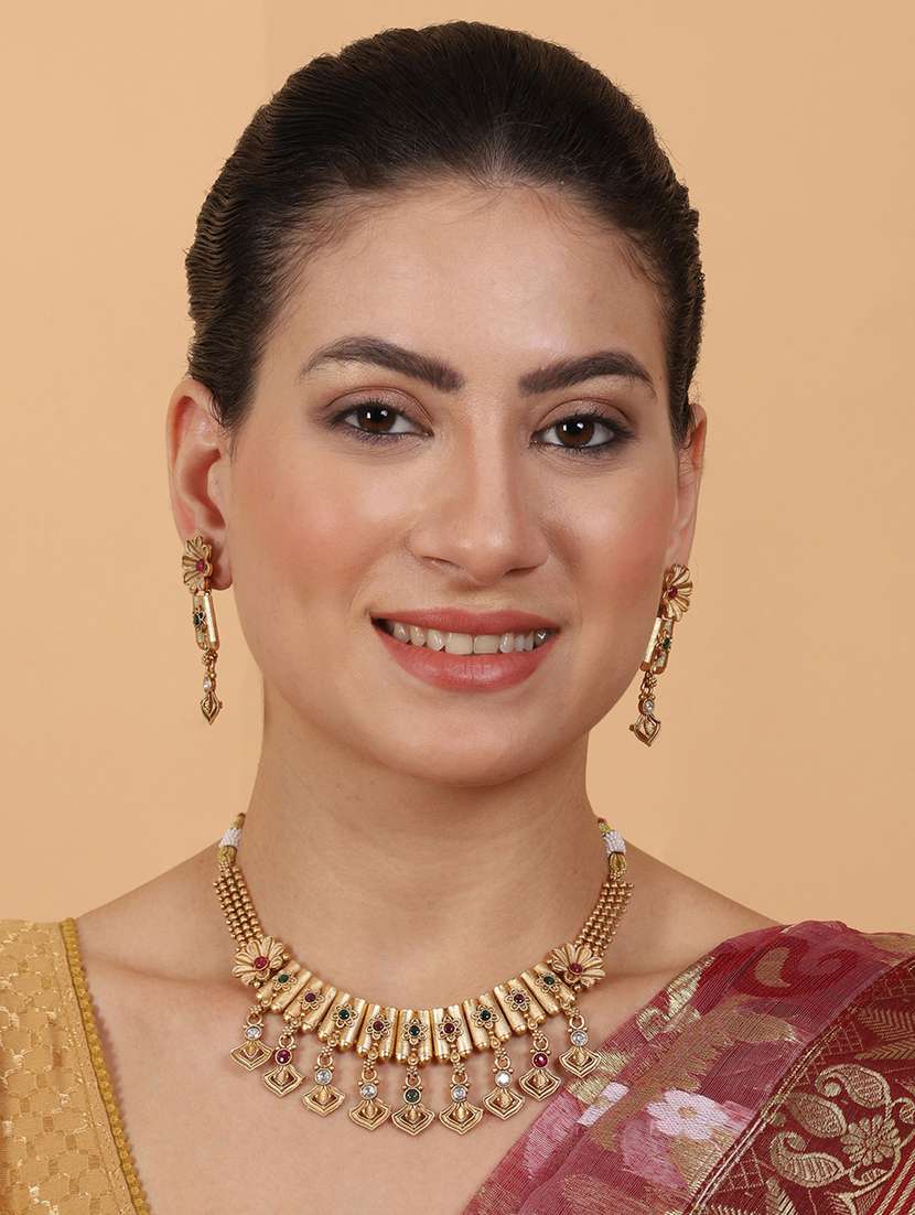 gold plated diamond rajwadi necklace set - 22173841 -  Standard Image - 1