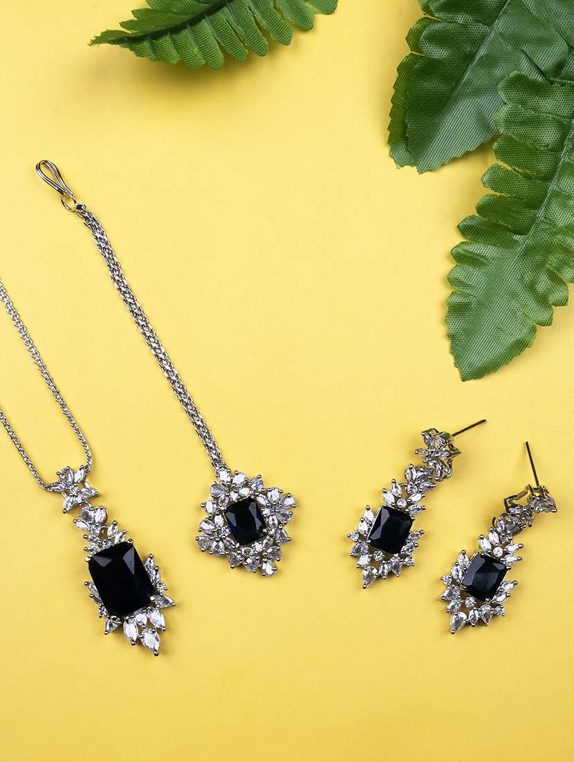 silver plated blue square ad cz studded leaf pendant set