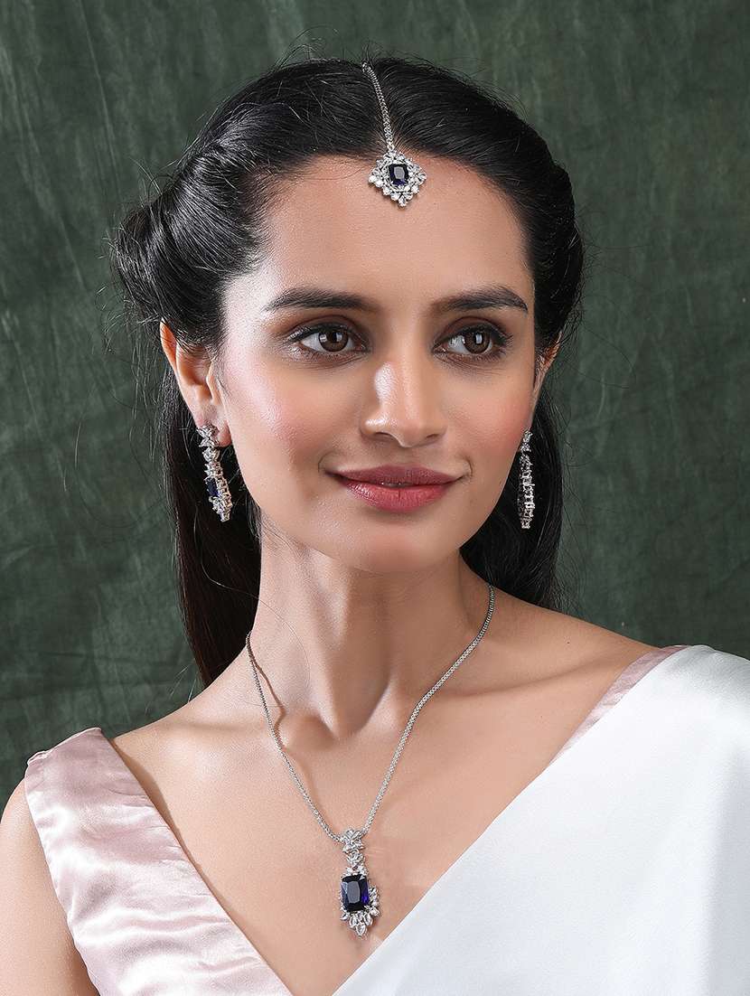 silver plated blue square ad cz studded leaf pendant set - 22173843 -  Standard Image - 1