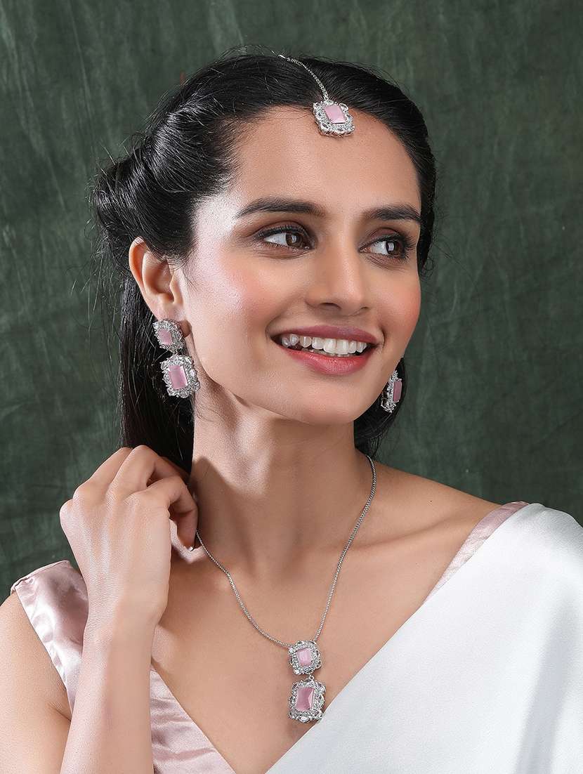 silver plated pink square cz big pendant set - 22173848 -  Standard Image - 1