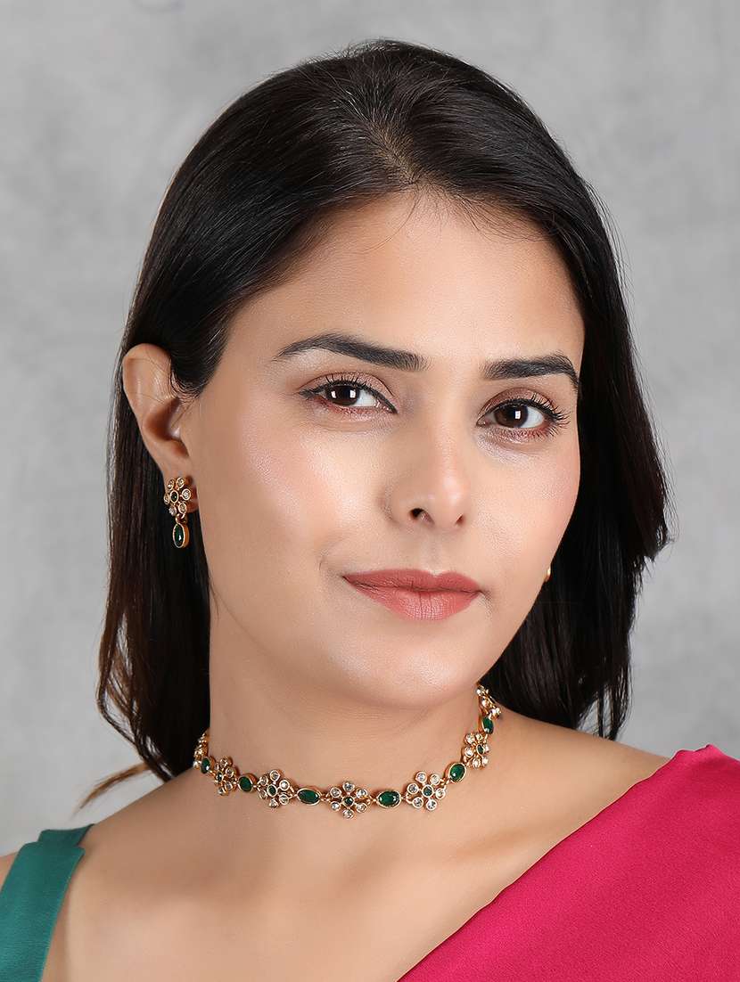 green kemp studded sleek flower necklace set - 22173873 -  Standard Image - 1