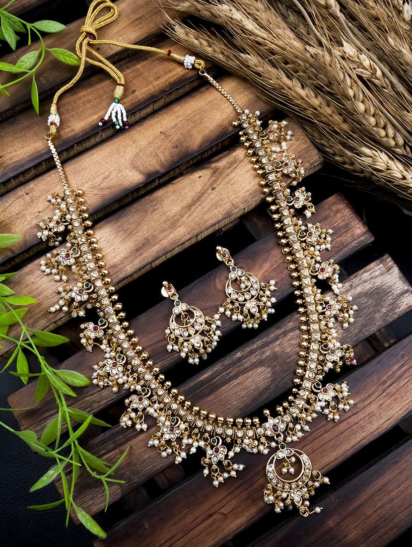luxurious gold plated guttapusallu long necklace set - 22173877 -  Standard Image - 4