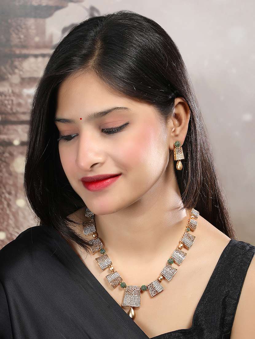 gold plated green embellished jewellery set - 22173879 -  Standard Image - 1