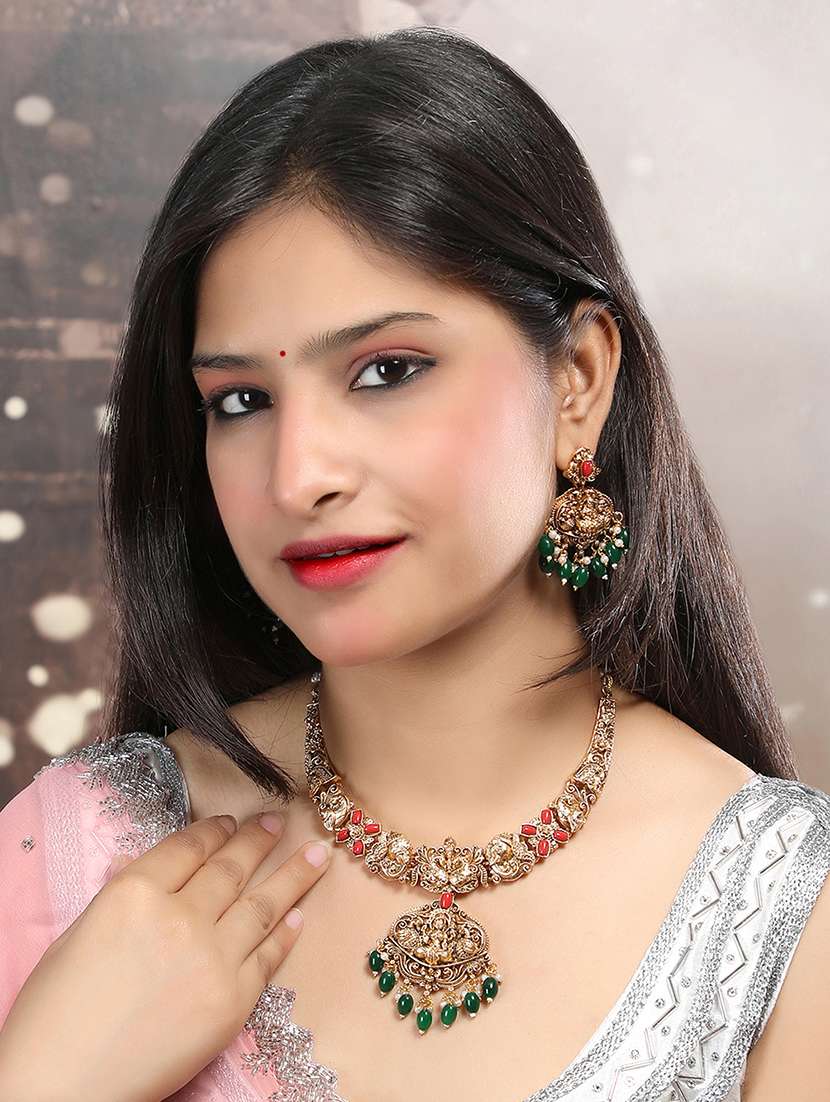 temple lakshmi necklace set with green beads - 22173883 -  Standard Image - 1