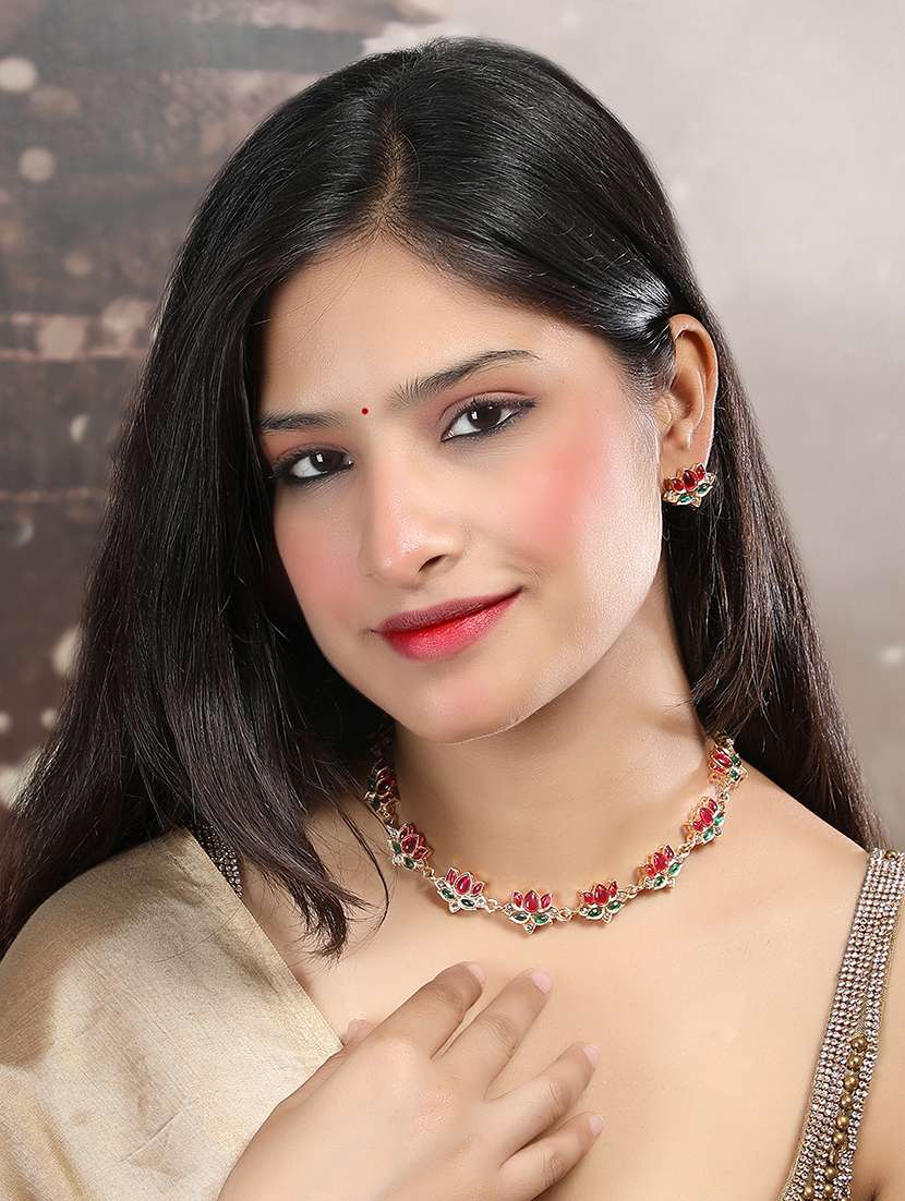 multicolored kemp stones studded lotus necklace set - 22173884 -  Standard Image - 1