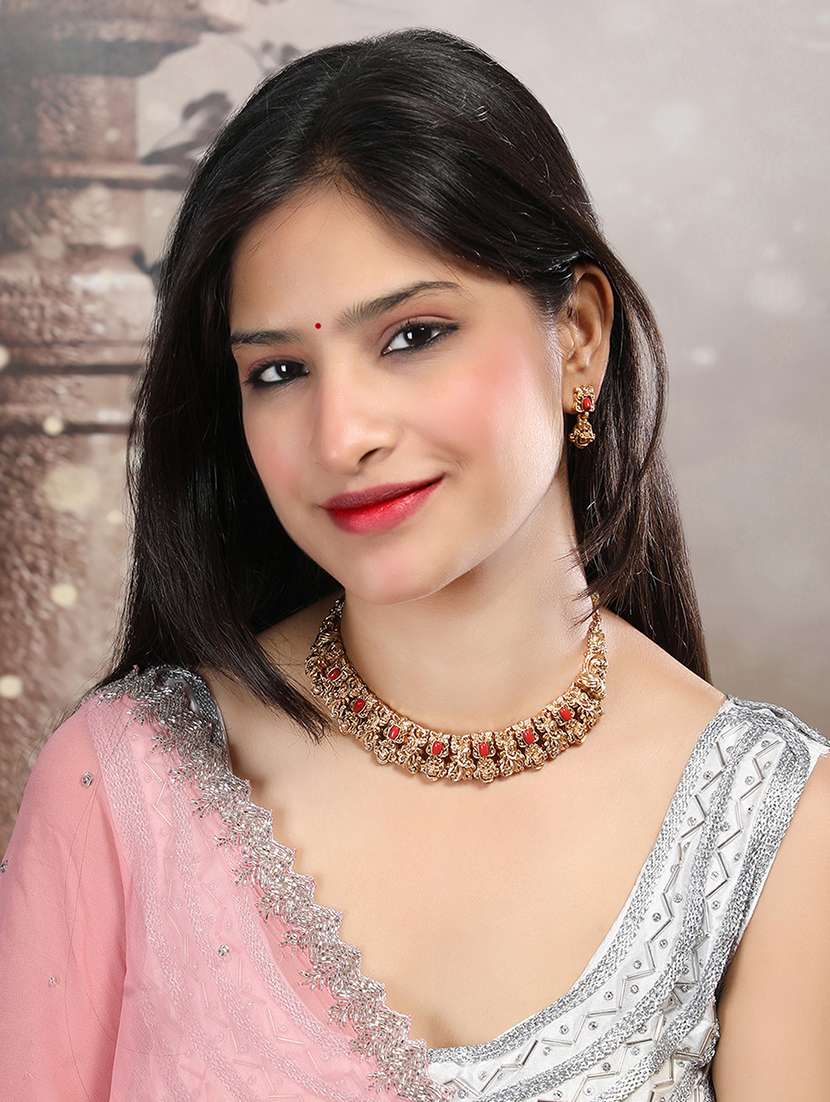 antique matte finish coral stones studded necklace set - 22173885 -  Standard Image - 1