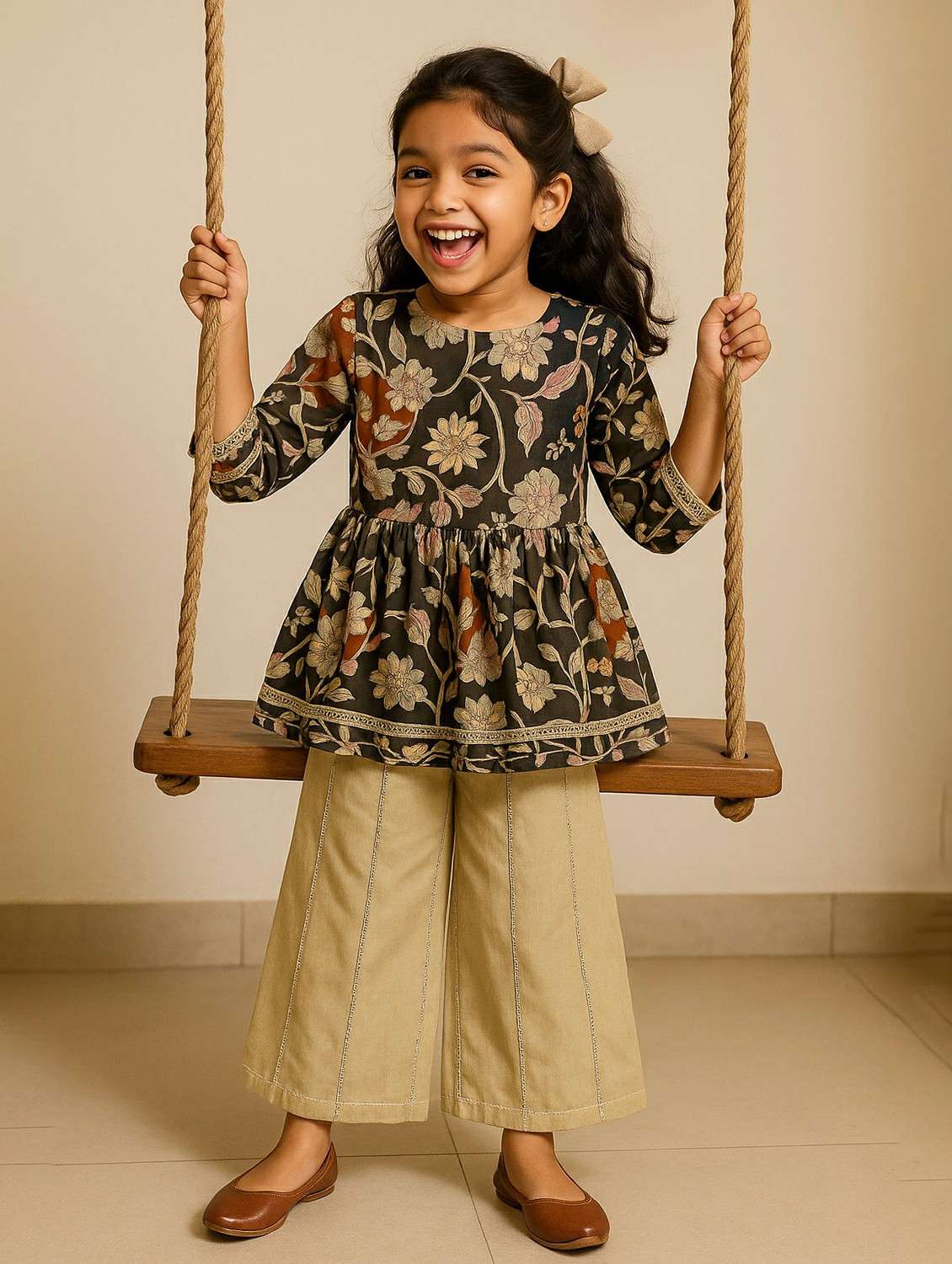girls printed three quarter sleeve kurta and palazzo set - 22173908 -  Standard Image - 1