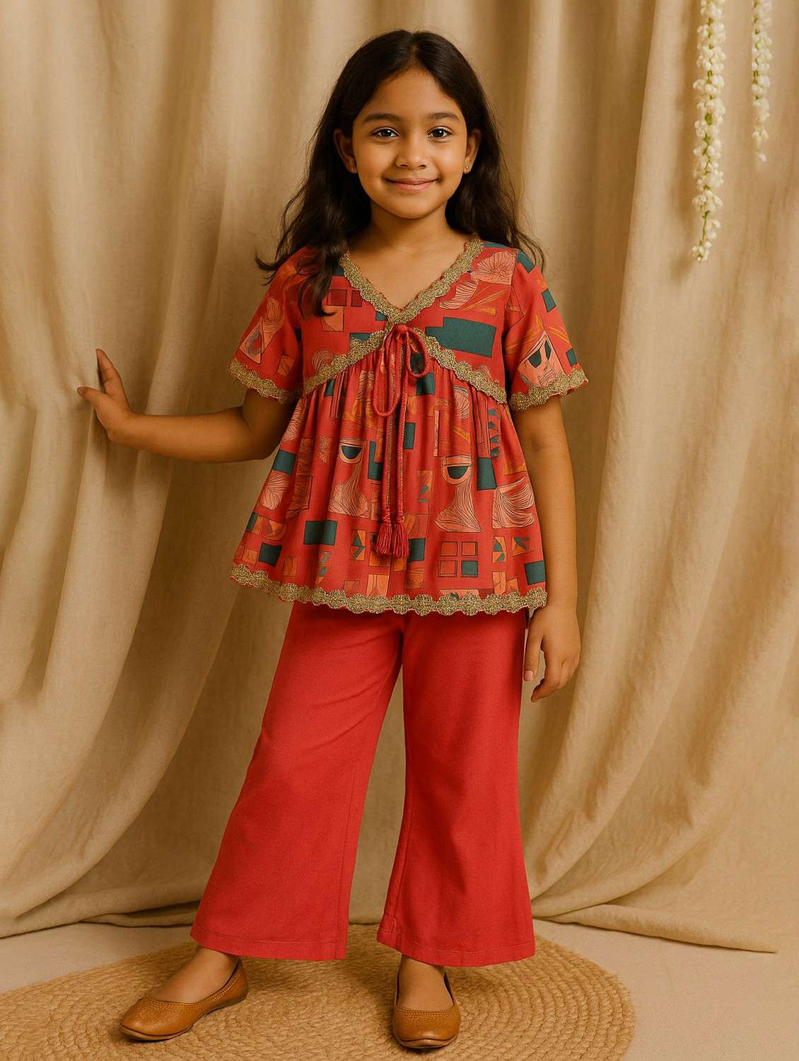 girls printed short sleeve kurta and pant set - 22173909 -  Standard Image - 1