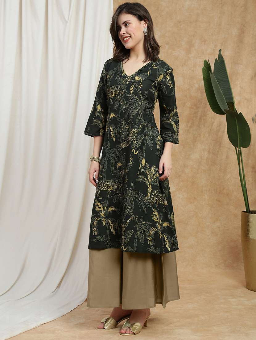 globus women olive v-neck bell sleeves tropical wildlife print thread work a-line kurta - 22173997 -  Standard Image - 1