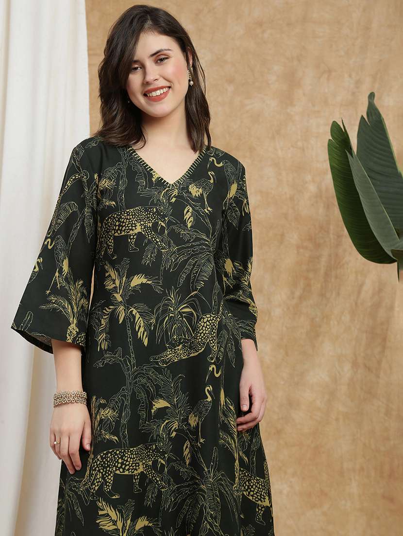 globus women olive v-neck bell sleeves tropical wildlife print thread work a-line kurta - 22173997 -  Standard Image - 4