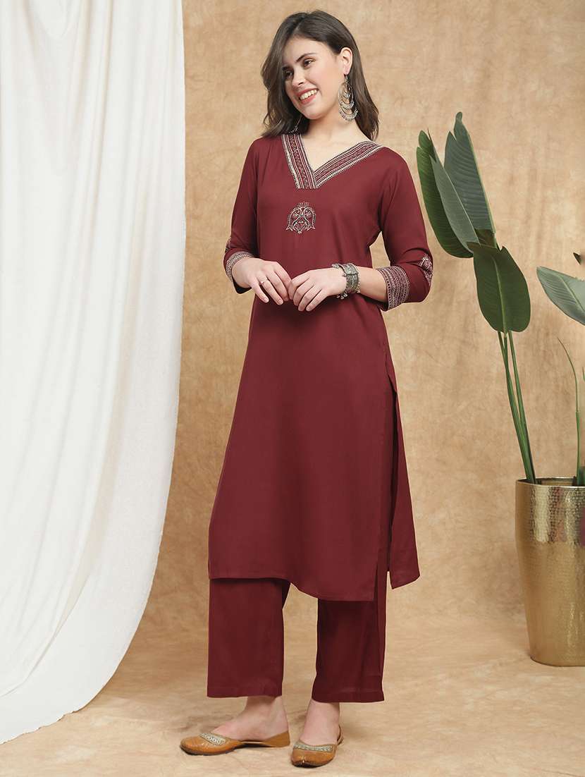 women embroidered three quarter sleeve kurta pant set - 22173998 -  Standard Image - 1