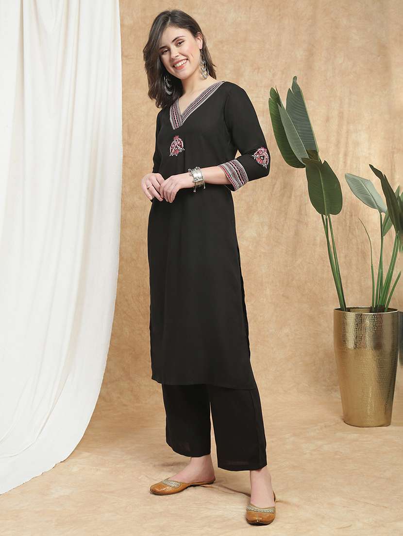 globus women black v-neck embroidered detail straight kurta & pant set - 22173999 -  Standard Image - 1