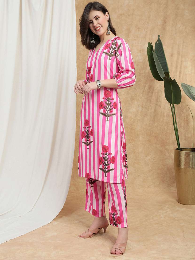 globus women pink floral stripes print bishop sleeves straight kurta & pant set - 22174001 -  Standard Image - 1