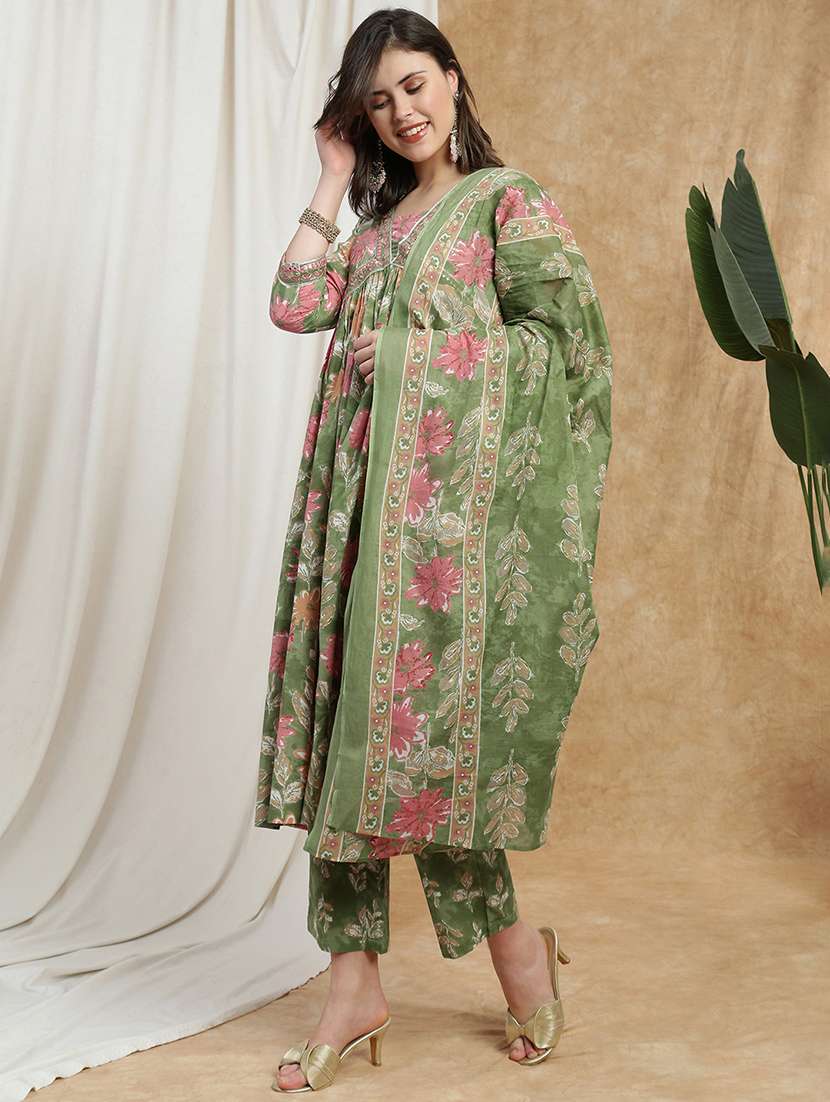 globus women green floral print v-neck embroidered gotta lace detail flared hem a-line kurta with pant & dupatta set - 22174002 -  Standard Image - 1