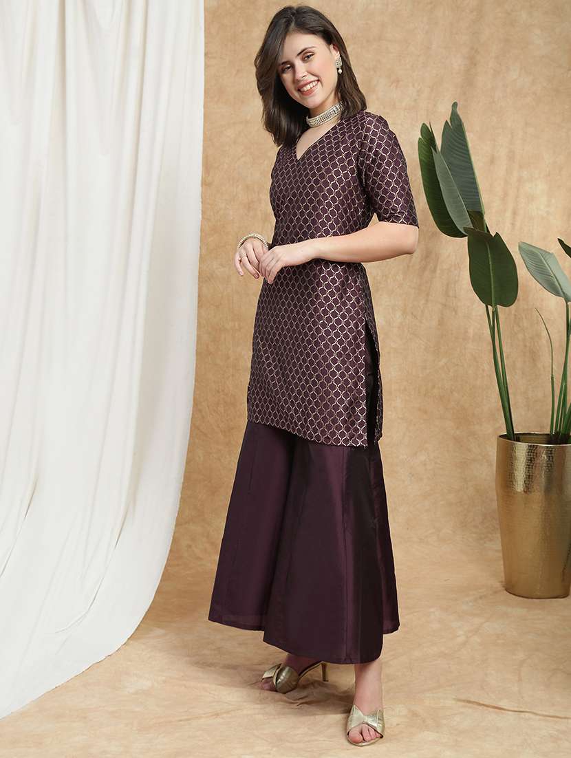 globus women maroon v-neck short sleeves brocade jaal print kurti with flared palazzo festive set - 22174005 -  Standard Image - 1
