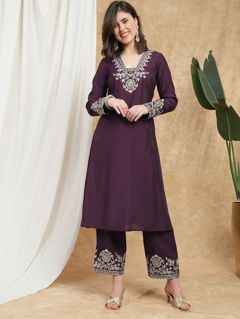 globus women purple v-neck long sleeves sequin zari embroidered a-line kurta with pant festive set