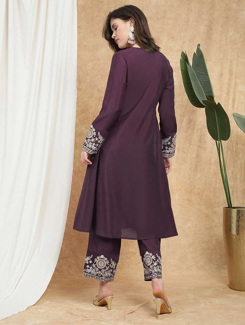 globus women purple v-neck long sleeves sequin zari embroidered a-line kurta with pant festive set - 22174009 -  Standard Image - 1