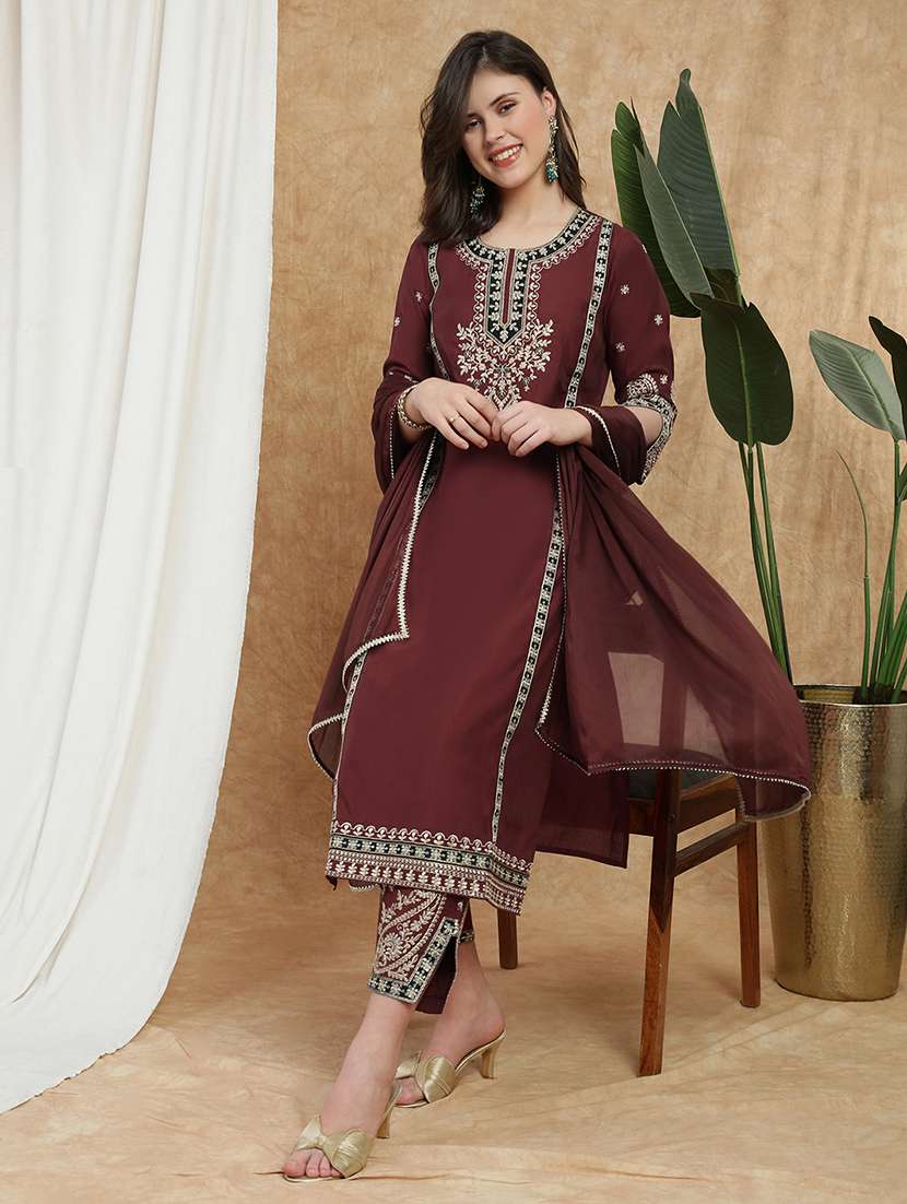 globus women maroon round neck all-over embroidered yoke a-line kurta with wide leg pants & dupatta festive set