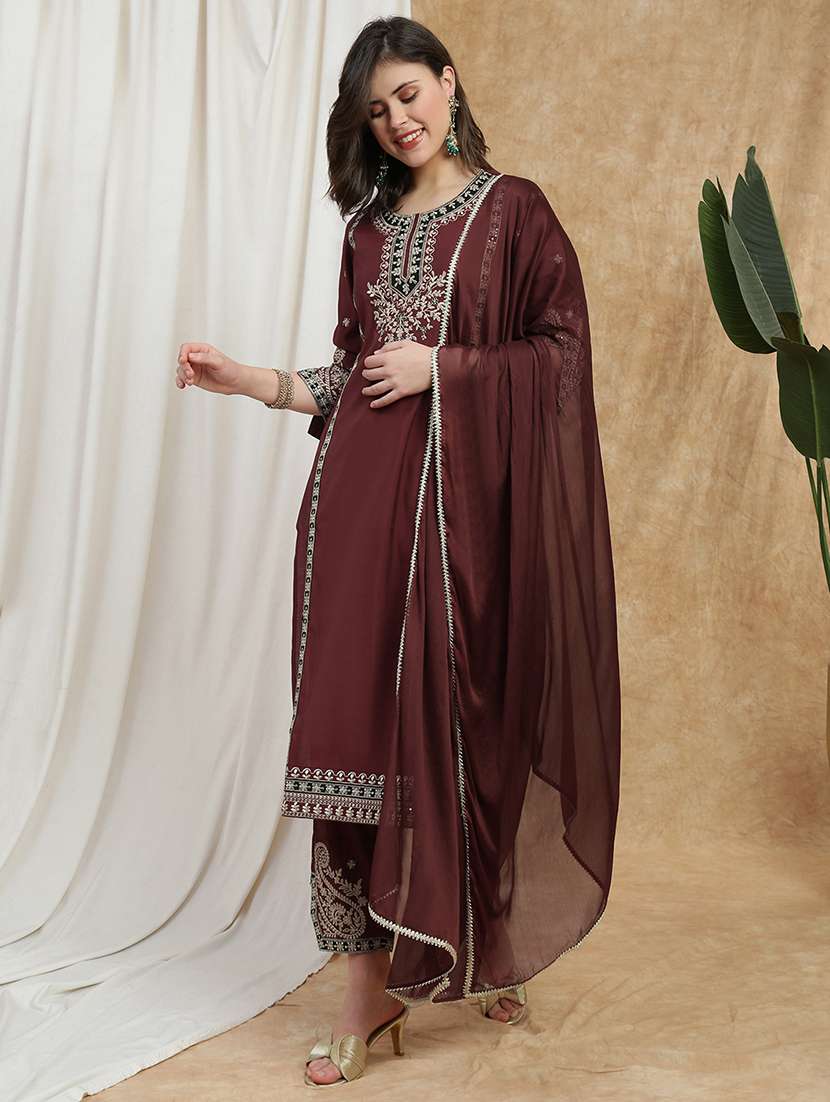 globus women maroon round neck all-over embroidered yoke a-line kurta with wide leg pants & dupatta festive set - 22174011 -  Standard Image - 1