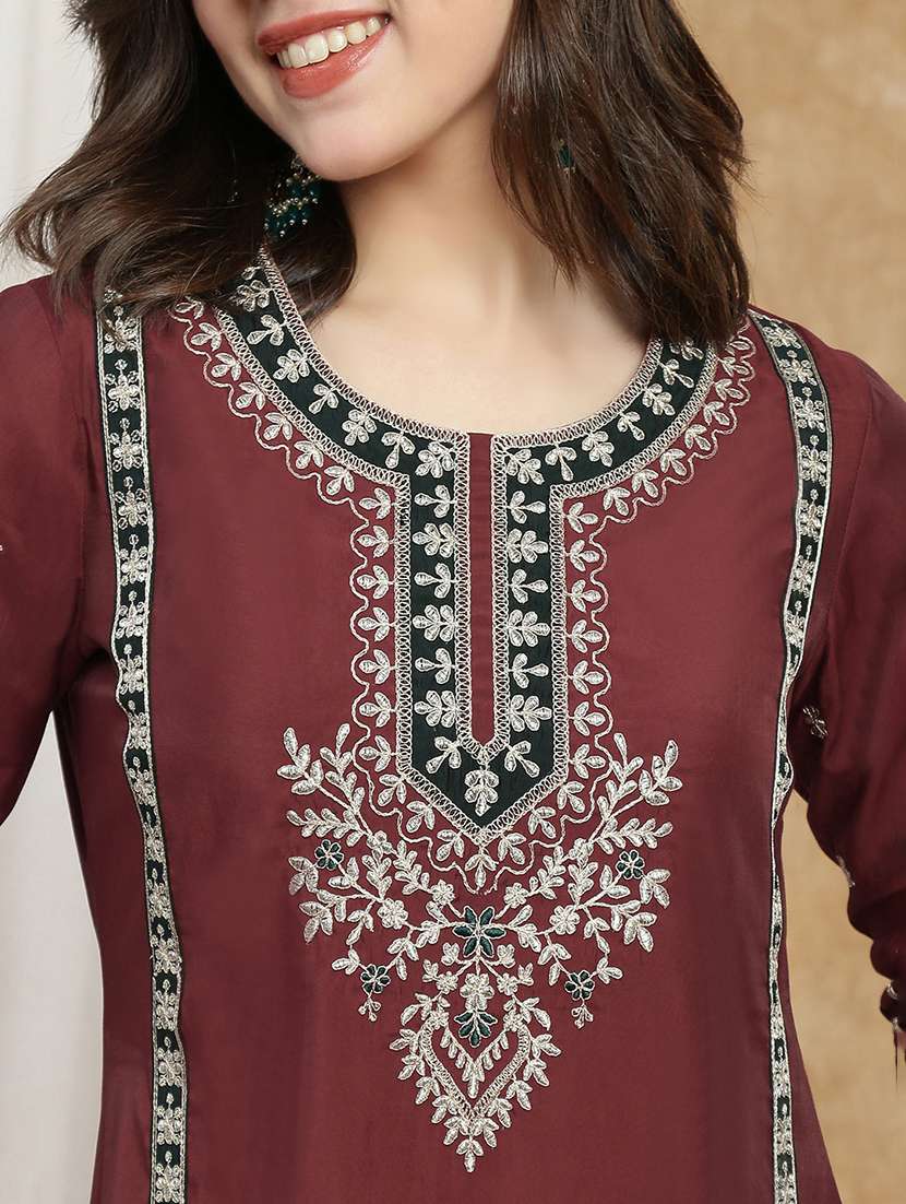 globus women maroon round neck all-over embroidered yoke a-line kurta with wide leg pants & dupatta festive set - 22174011 -  Standard Image - 4