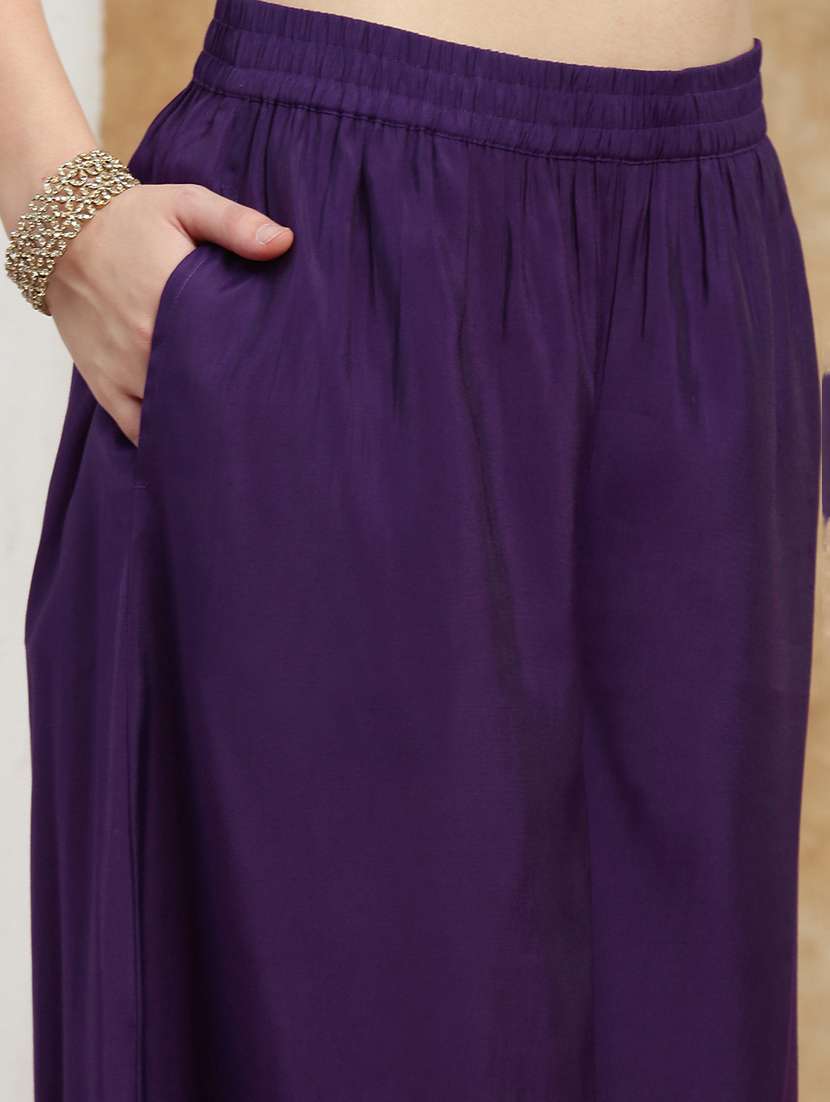 globus women purple square neck strappy sleeves sequin detail gotta lace hem a-line kurta with palazzos & frill dupatta set - 22174012 -  Standard Image - 4