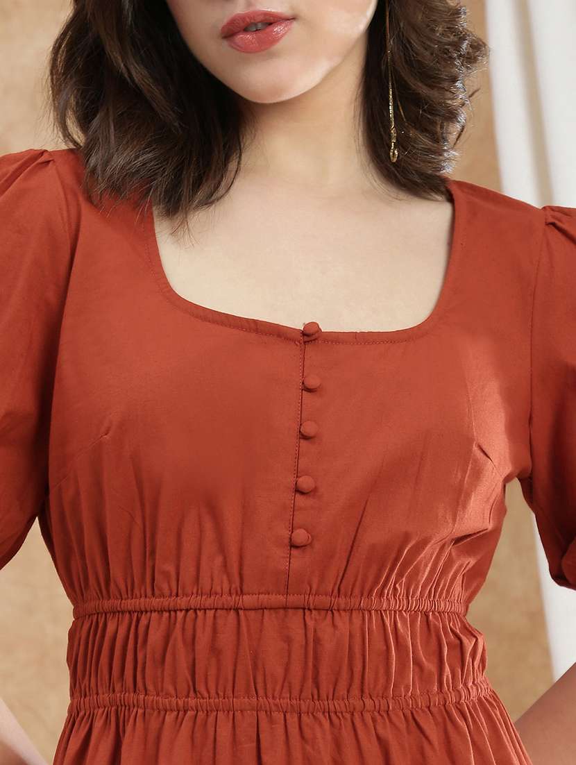 globus women rust square neck puff sleeves solid gathered tiered fit & flare maxi dress - 22174022 -  Standard Image - 4
