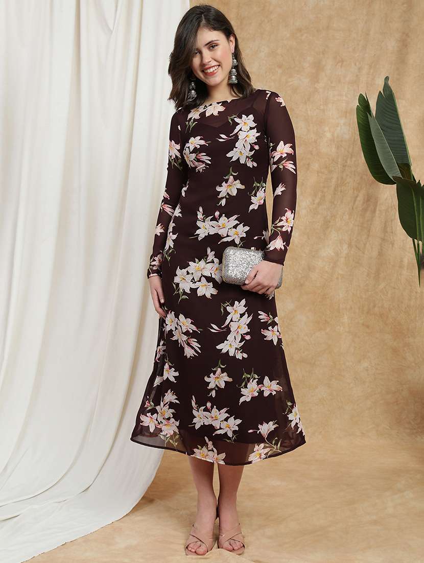 globus women mauve boat neck long sleeves floral print semi sheer midi a-line party dress