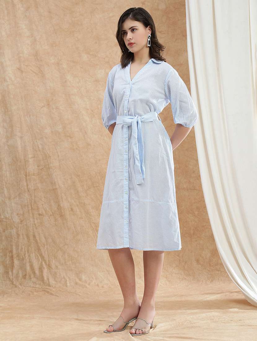 globus women blue collared neck puff sleeves striped midi workwear shirt dress with belt - 22174026 -  Standard Image - 1