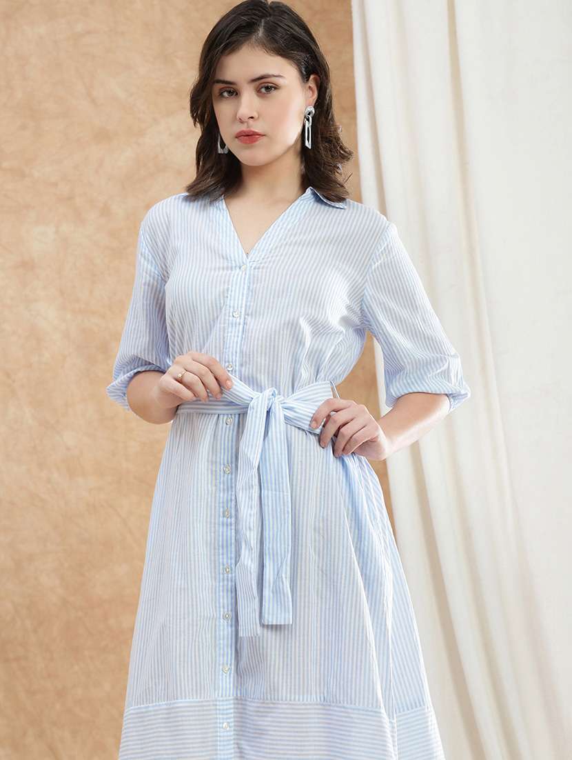 globus women blue collared neck puff sleeves striped midi workwear shirt dress with belt - 22174026 -  Standard Image - 4