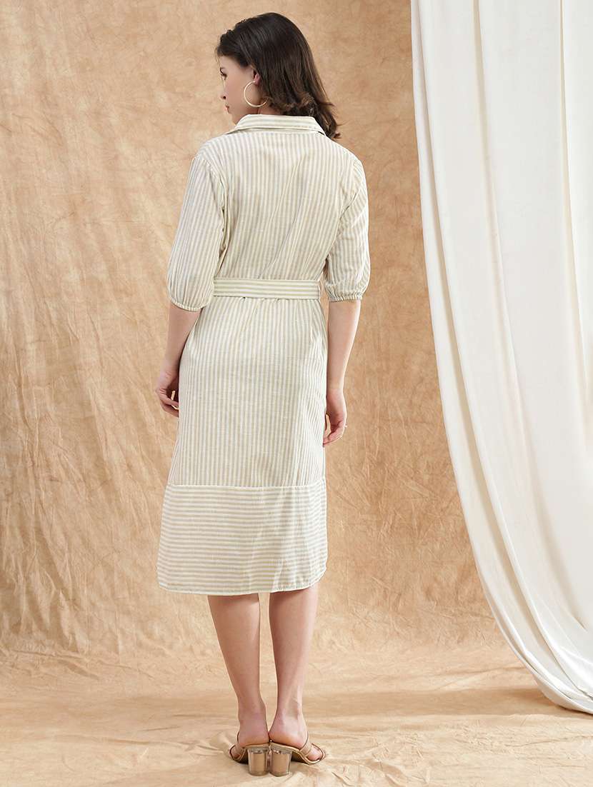 globus women brown collared neck puff sleeves striped midi workwear shirt dress with belt - 22174027 -  Standard Image - 1