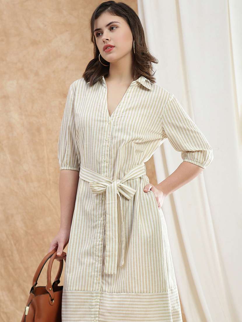 globus women brown collared neck puff sleeves striped midi workwear shirt dress with belt - 22174027 -  Standard Image - 4