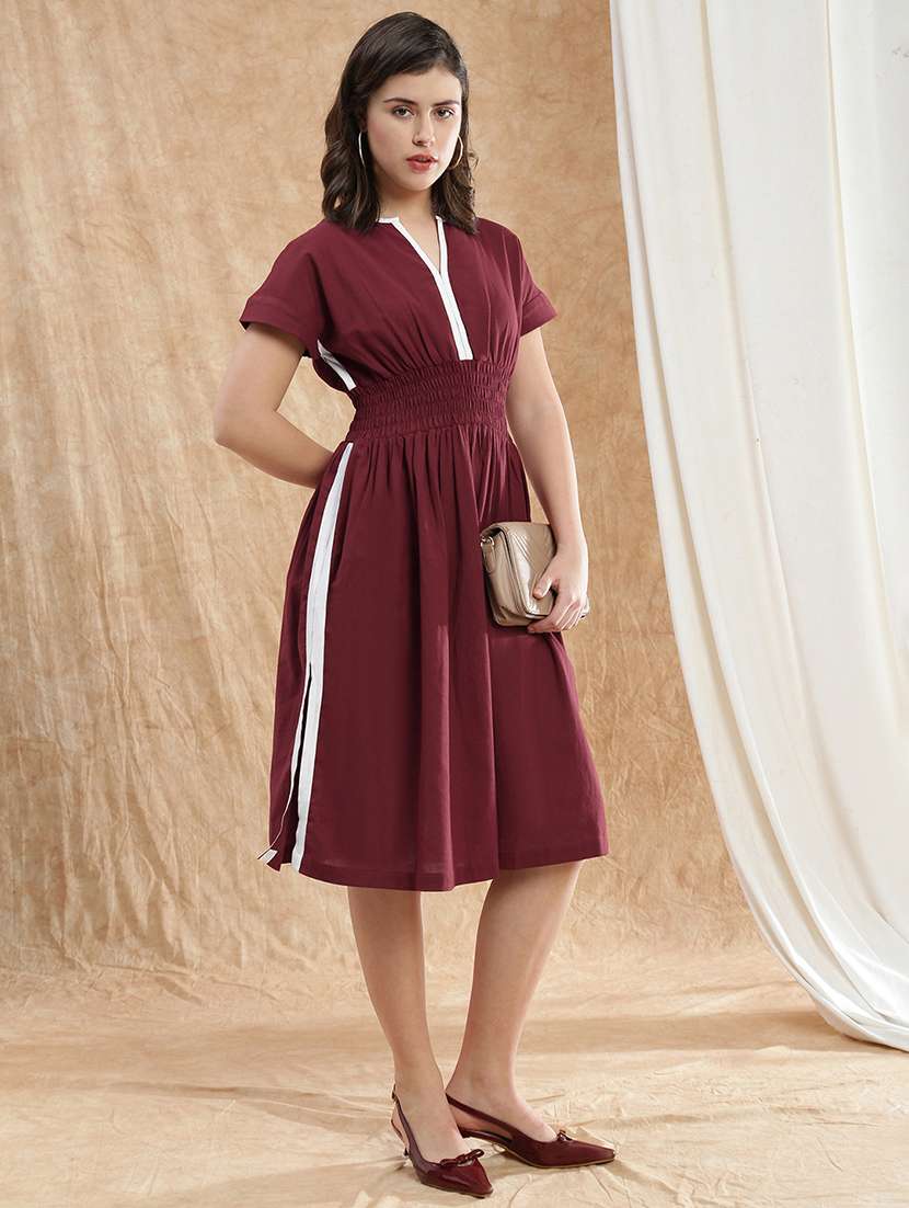 globus women maroon v-neck extended sleeves solid smocked side slit midi fit & flare dress - 22174028 -  Standard Image - 1